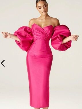 Strapless Hot Pink Midi Dress with Statement Puff Sleeves